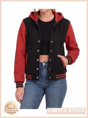 Womens Hooded Varsity Jacket Letterman Bomber Fleece Casual Jacket